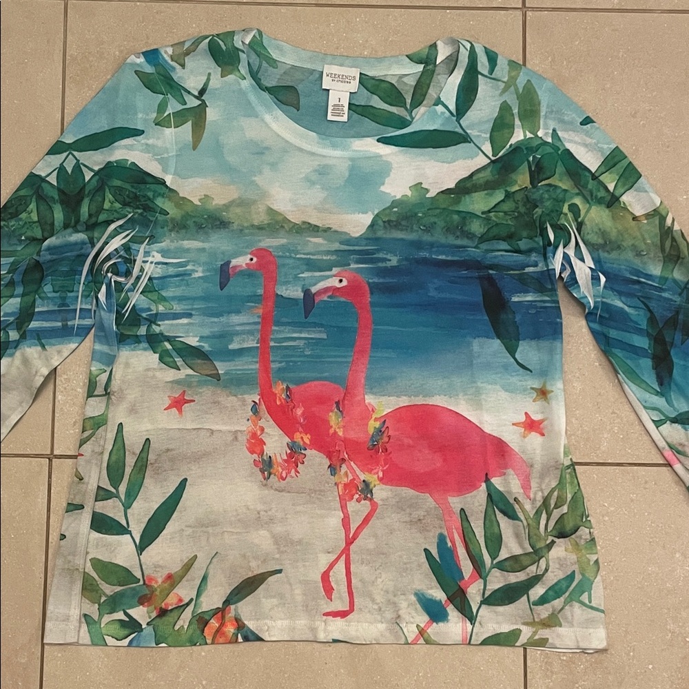 Chico’s Flamingos in Paradise sz 1 with 3/4 Sleeve Pink Turquoise Tropical Top